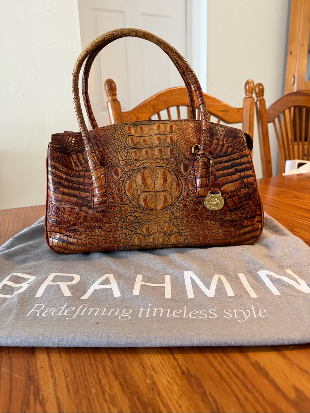 Brahmin Cognac Brown Croc-Embossed Satchel